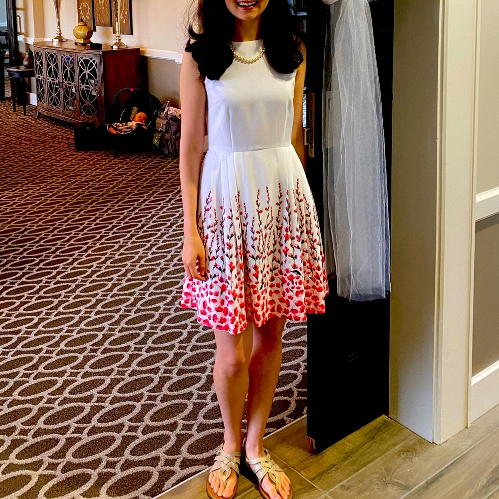 White fit and flare dress with pink flowers
